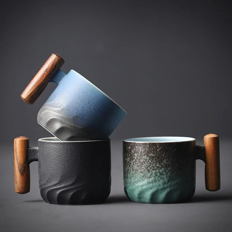 Ceramic Espresso Cup with Wooden Handle and Textured Finish