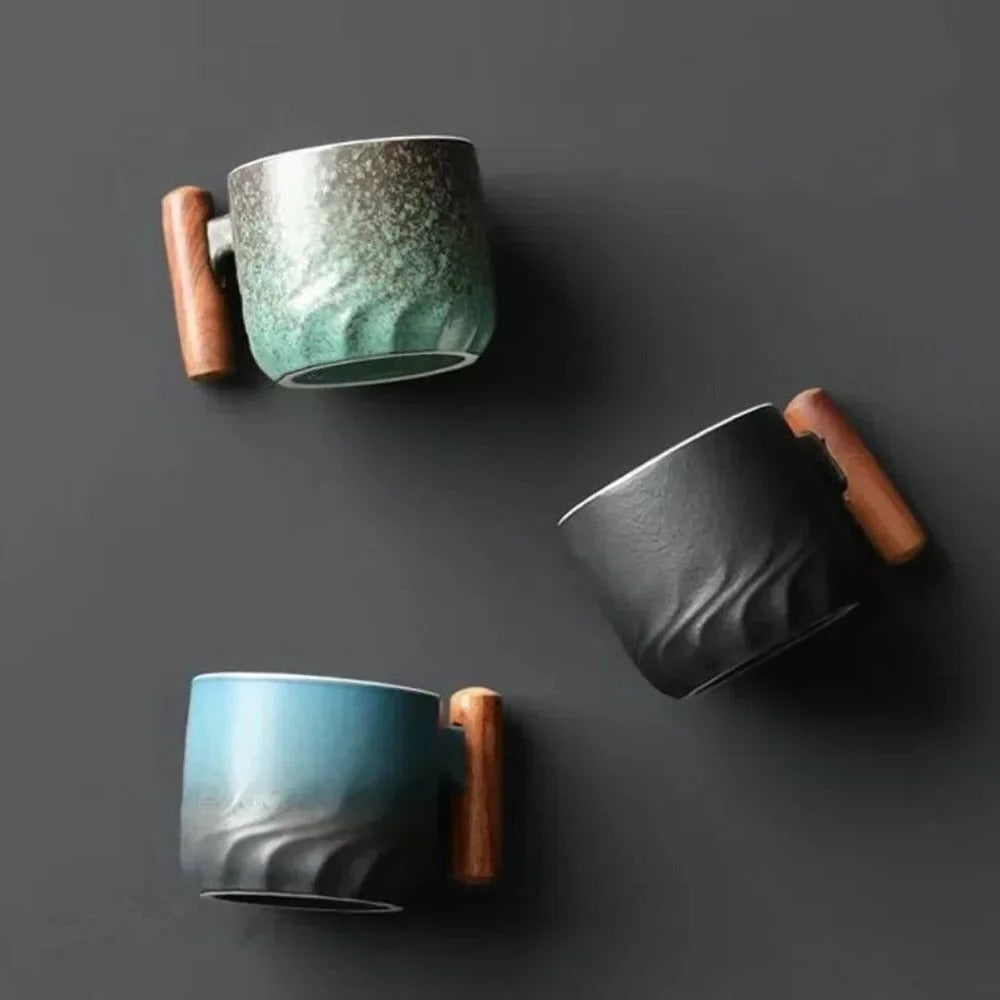 Ceramic Espresso Cup with Wooden Handle and Textured Finish