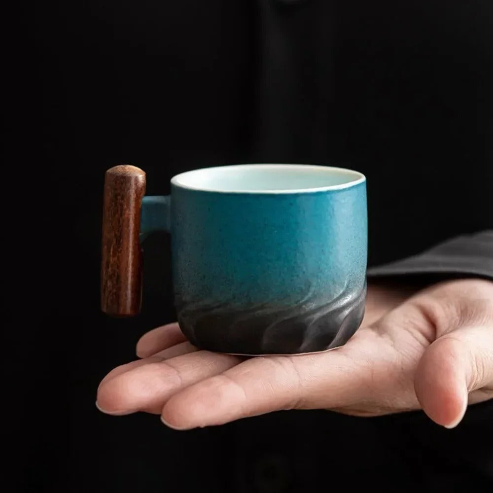 Ceramic Espresso Cup with Wooden Handle and Textured Finish