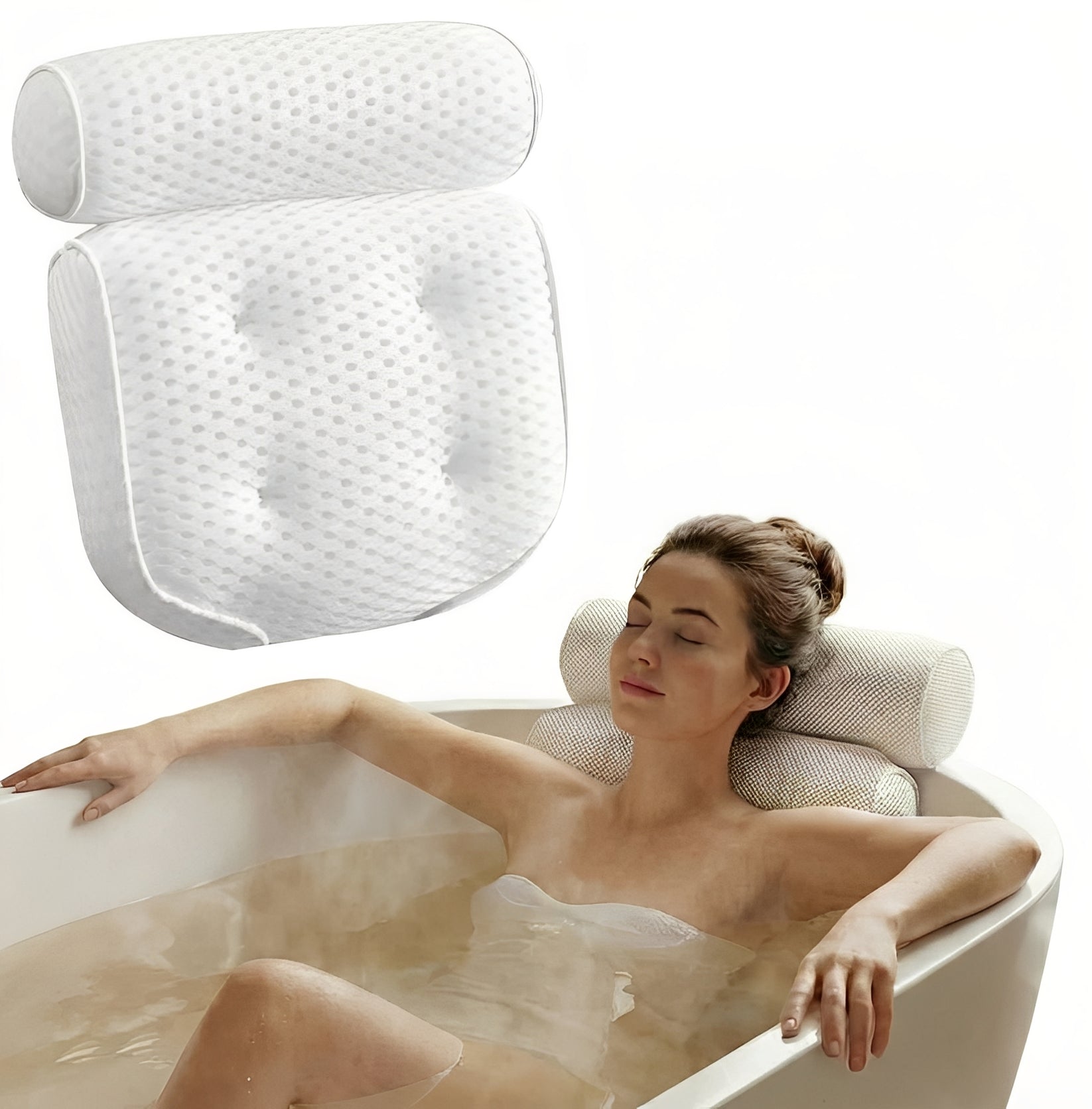 Ergonomic Bath Pillow with Suction Cup Attachment and Mesh Fabric, Quick Dry