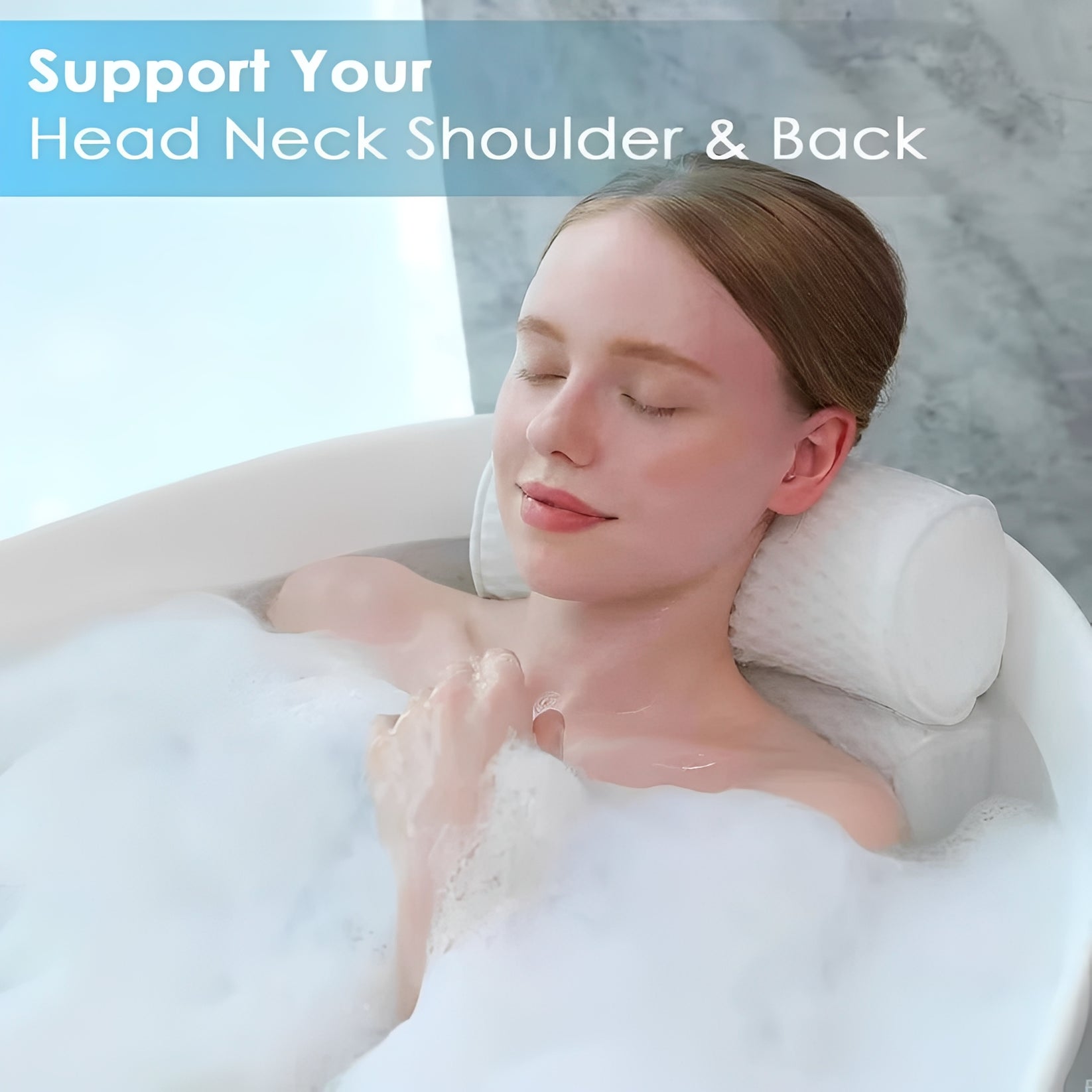 Ergonomic Bath Pillow with Suction Cup Attachment and Mesh Fabric, Quick Dry