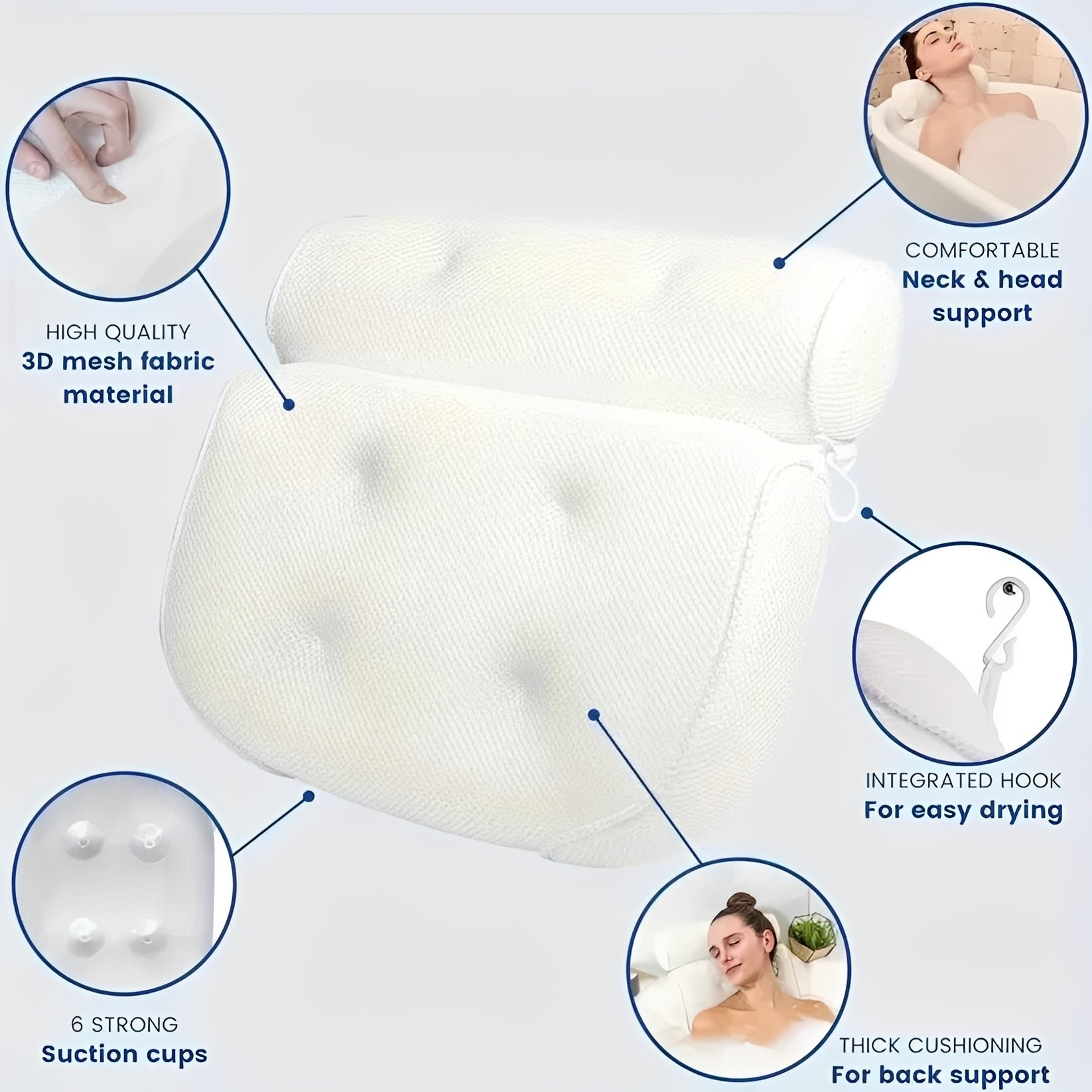 Ergonomic Bath Pillow with Suction Cup Attachment and Mesh Fabric, Quick Dry