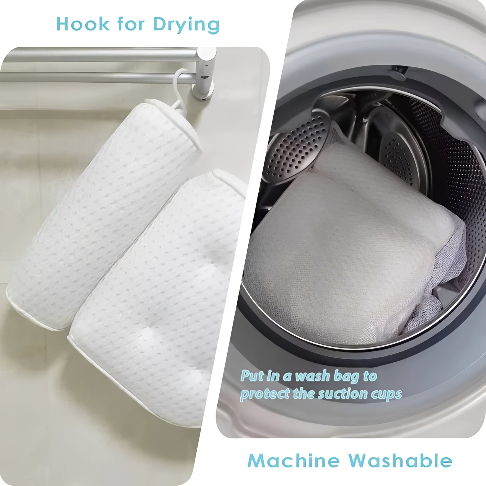 Ergonomic Bath Pillow with Suction Cup Attachment and Mesh Fabric, Quick Dry