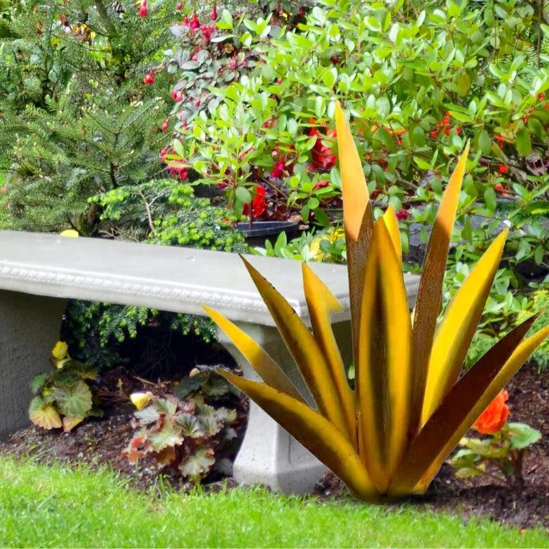 Metal Agave Sculpture with Rust Finish and Textured Leaves for Indoor or Outdoor Display