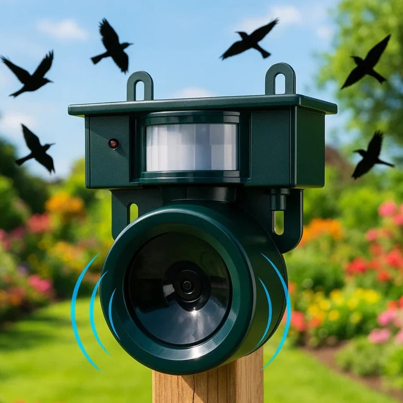 Motion-Activated Bird Deterrent with Solar Panel and Adjustable Sound Frequency