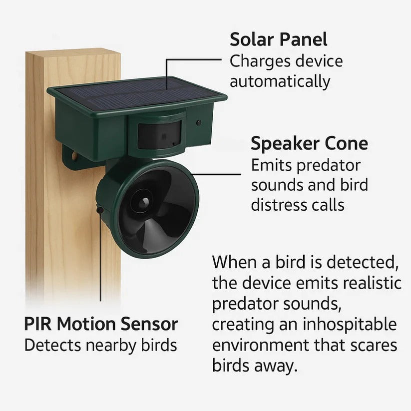 Motion-Activated Bird Deterrent with Solar Panel and Adjustable Sound Frequency