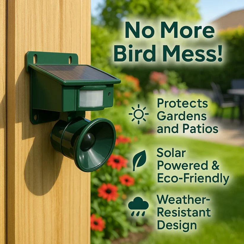 Motion-Activated Bird Deterrent with Solar Panel and Adjustable Sound Frequency