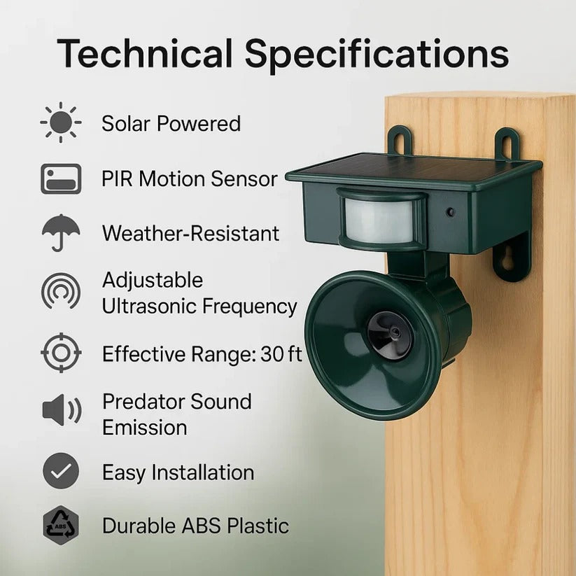 Motion-Activated Bird Deterrent with Solar Panel and Adjustable Sound Frequency