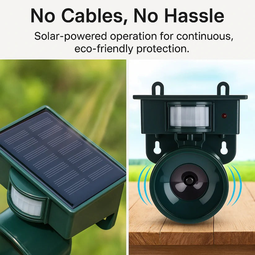 Motion-Activated Bird Deterrent with Solar Panel and Adjustable Sound Frequency