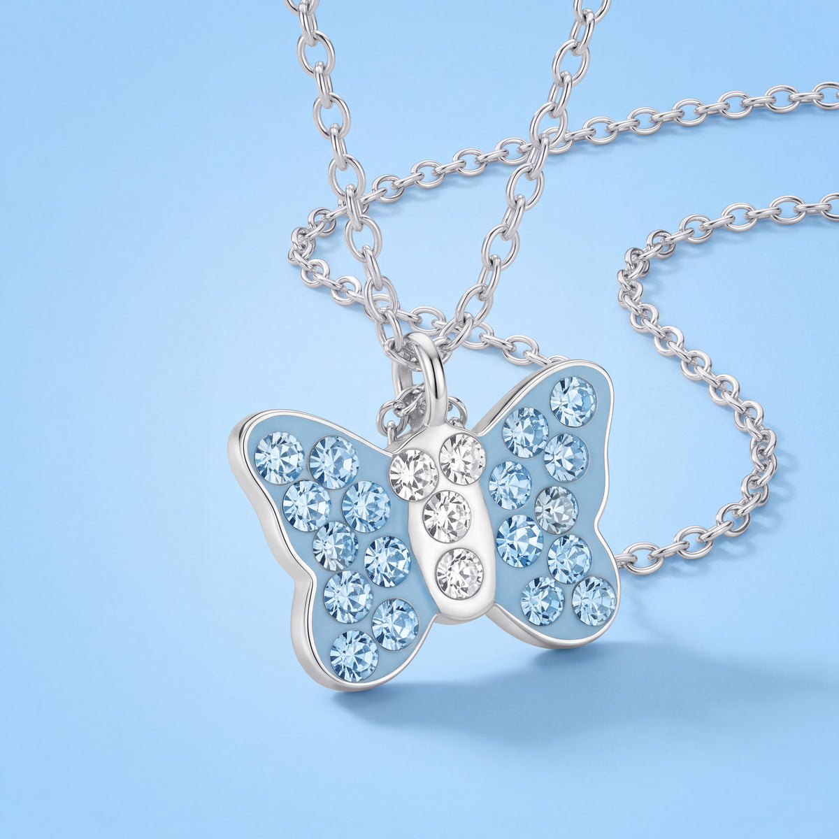 Sterling Silver Butterfly Necklace with Aqua Blue Stones for Girls