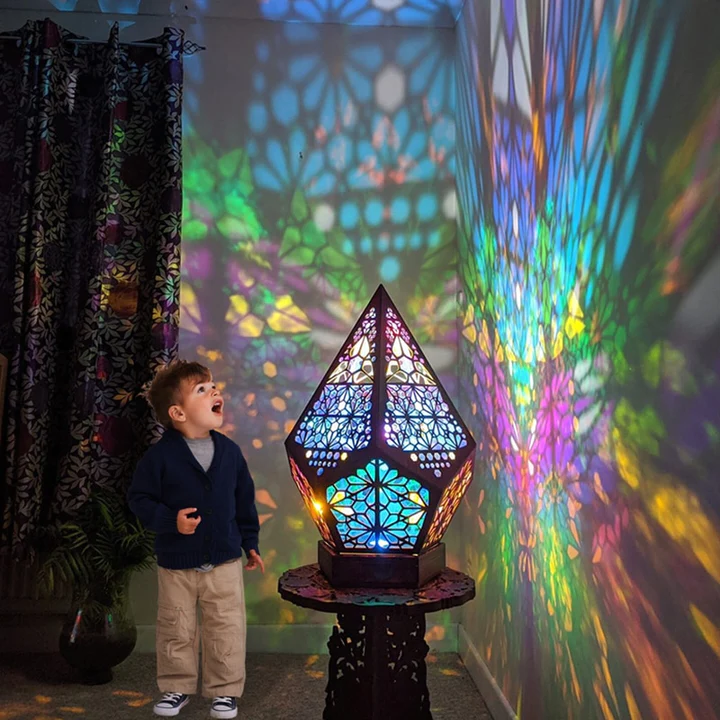 Wooden Projection Floor Lamp with Colorful Light Display and USB Power
