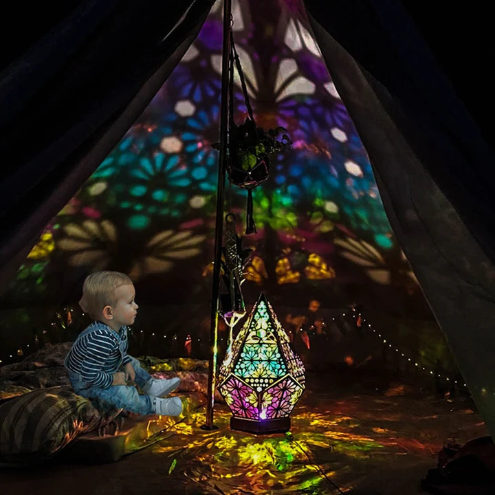Wooden Projection Floor Lamp with Colorful Light Display and USB Power