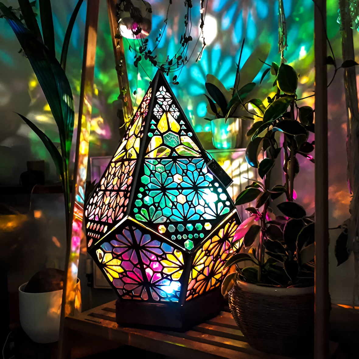 Wooden Projection Floor Lamp with Colorful Light Display and USB Power