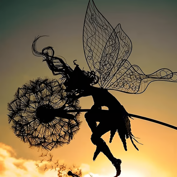 Steel Garden Sculpture with Dandelion Silhouette and Ground Stake