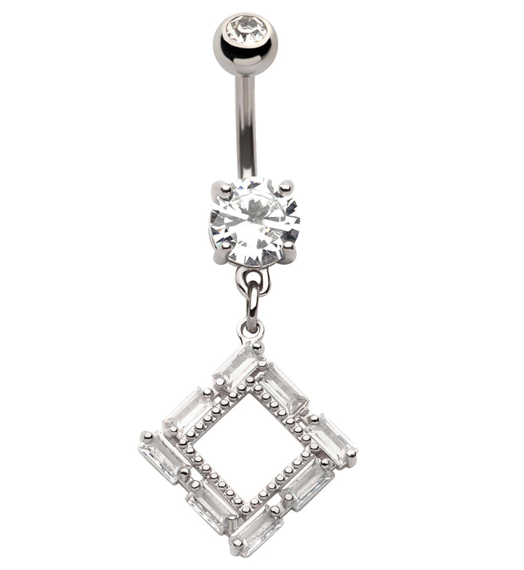 Rhombus Baguette CZ Dangle Stainless Steel Belly Button Ring by Urban Body Jewelry