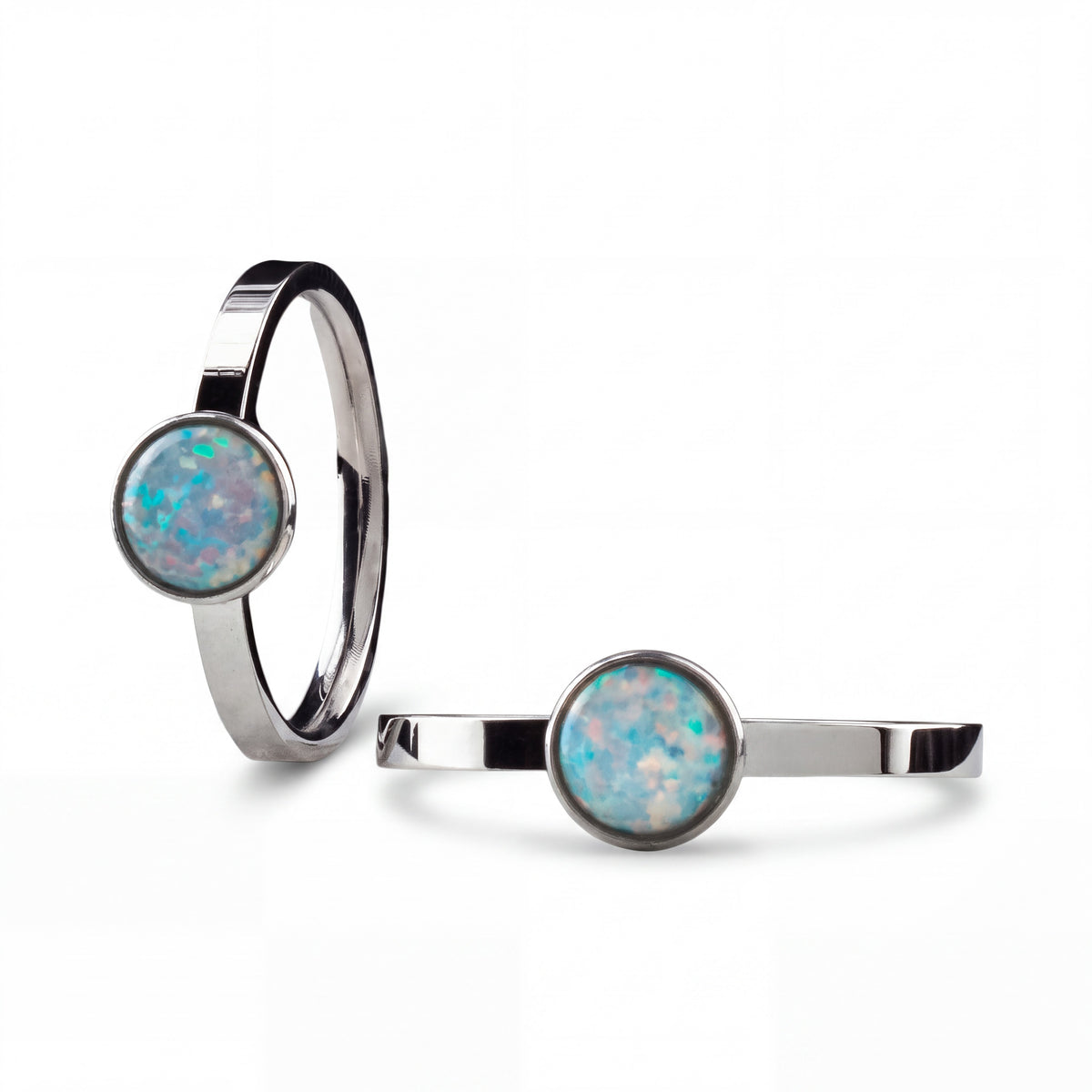 Opalite Cabochon Ring with Stainless Steel Band and Translucent Stone