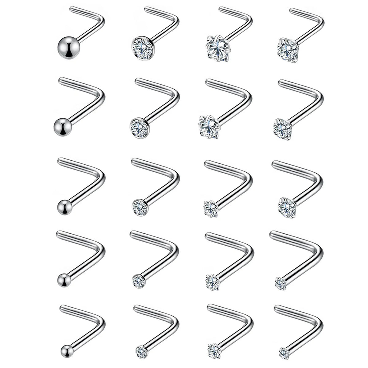 Surgical Steel L Shaped Nose Ring with 20G Gauge and Multiple Ball Sizes