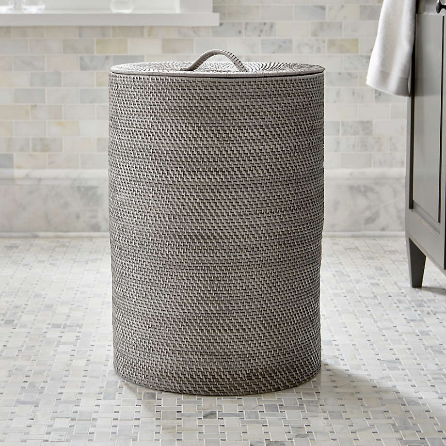 Gray Handwoven Laundry Hamper, Tall Cylinder, Bathroom Storage