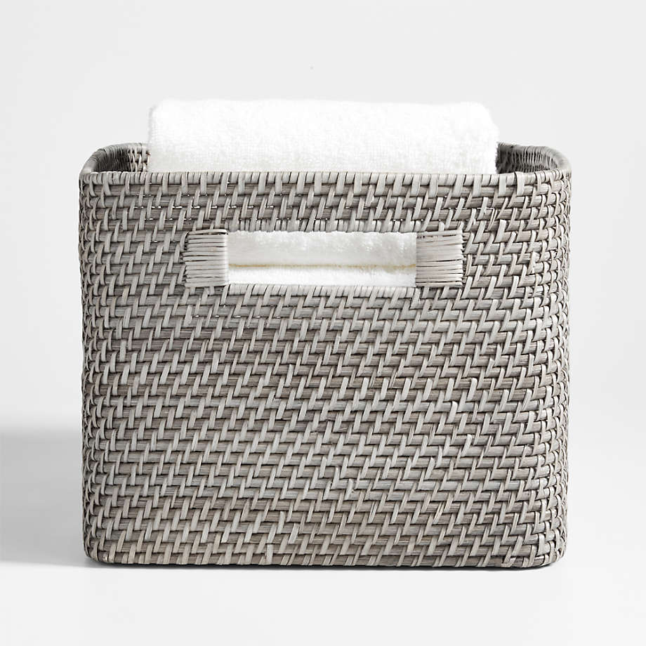 Grey Handwoven Basket Tote, Cutout Handles, Bathroom Storage