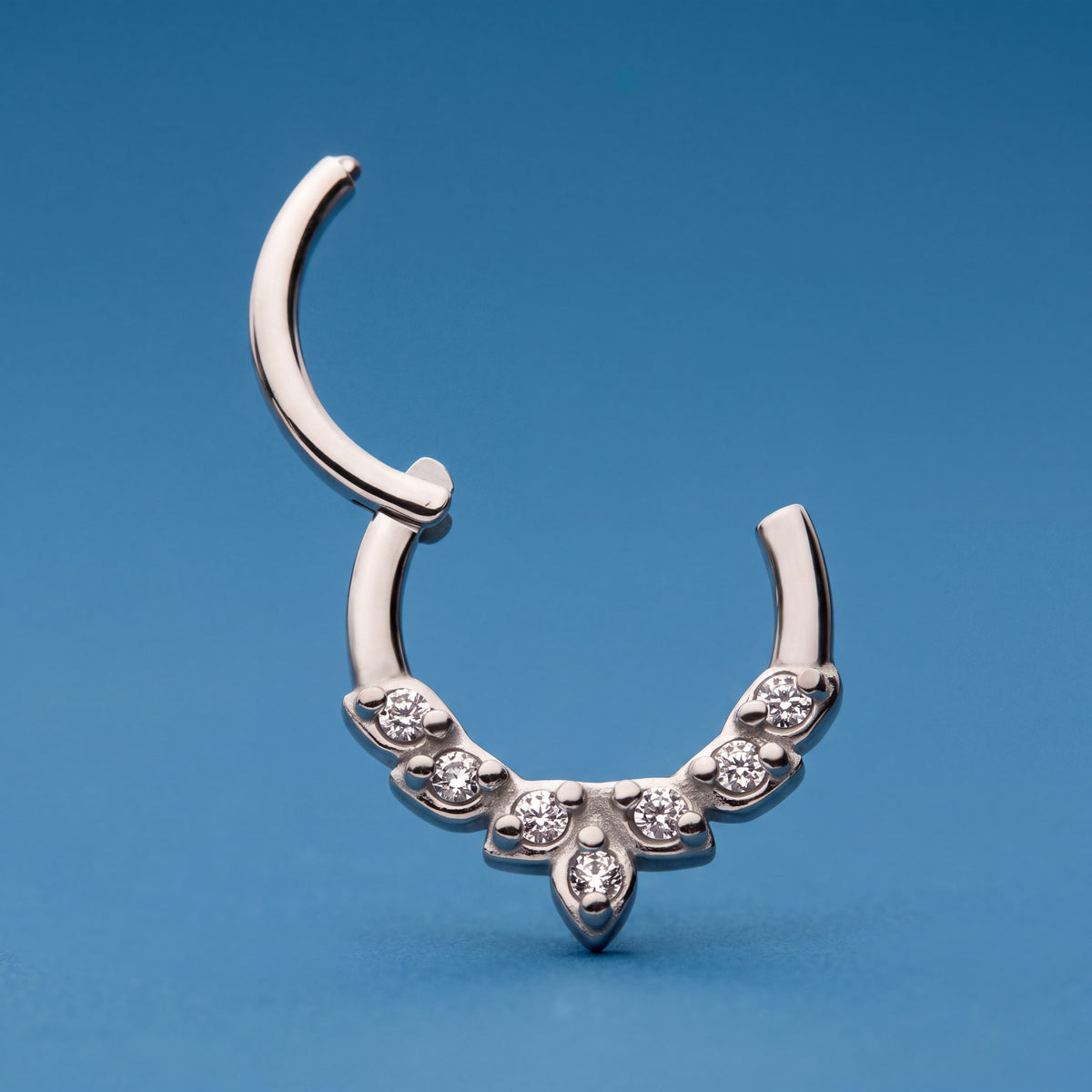 Hinged Segment Ring with Seven Cubic Zirconia Stones for Septum Piercing, 16G