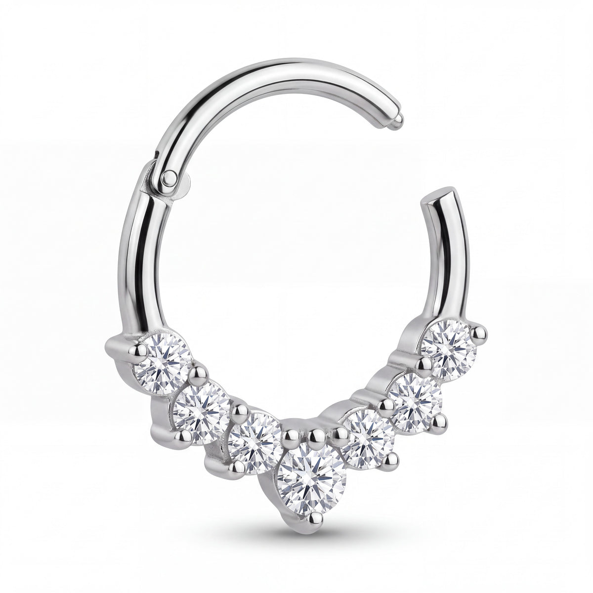 Hinged Segment Ring with Seven Cubic Zirconia Stones for Septum Piercing, 16G