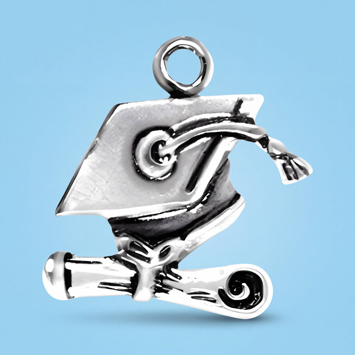 Sterling Silver Charm with Graduation Cap and Diploma Design for Bracelets