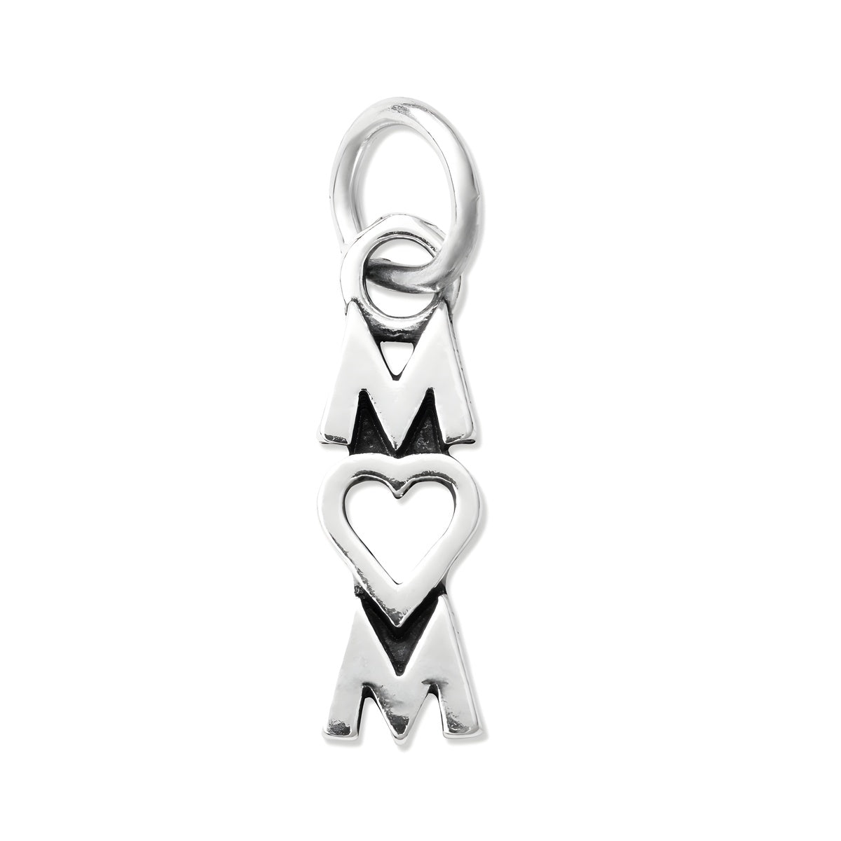 Mom Heart Charm in sterling silver featuring the letters M, heart shape, and M, symbolizing love for mothers.