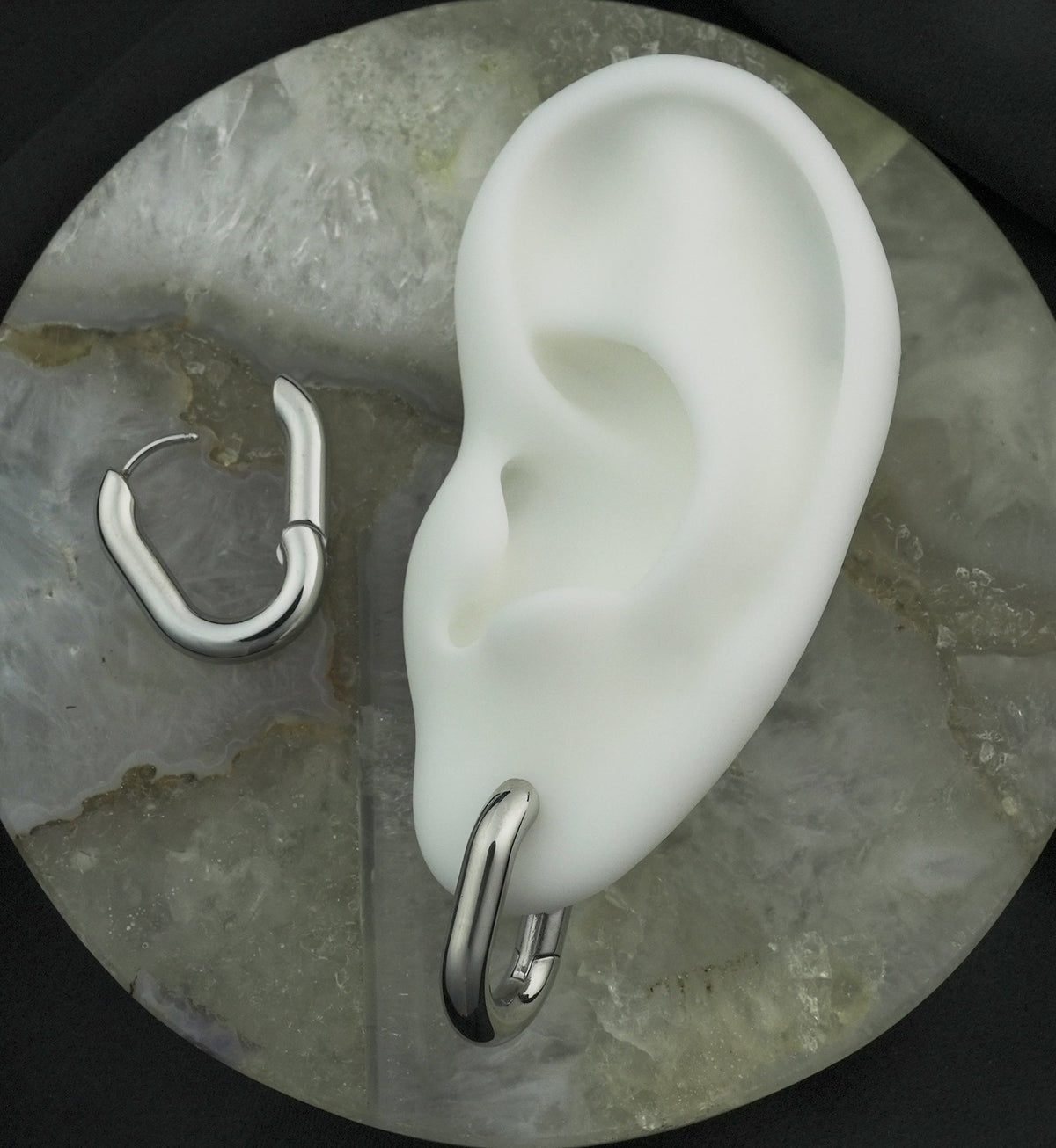 Ovate Stainless Steel Hinged Hoop Huggie Earrings