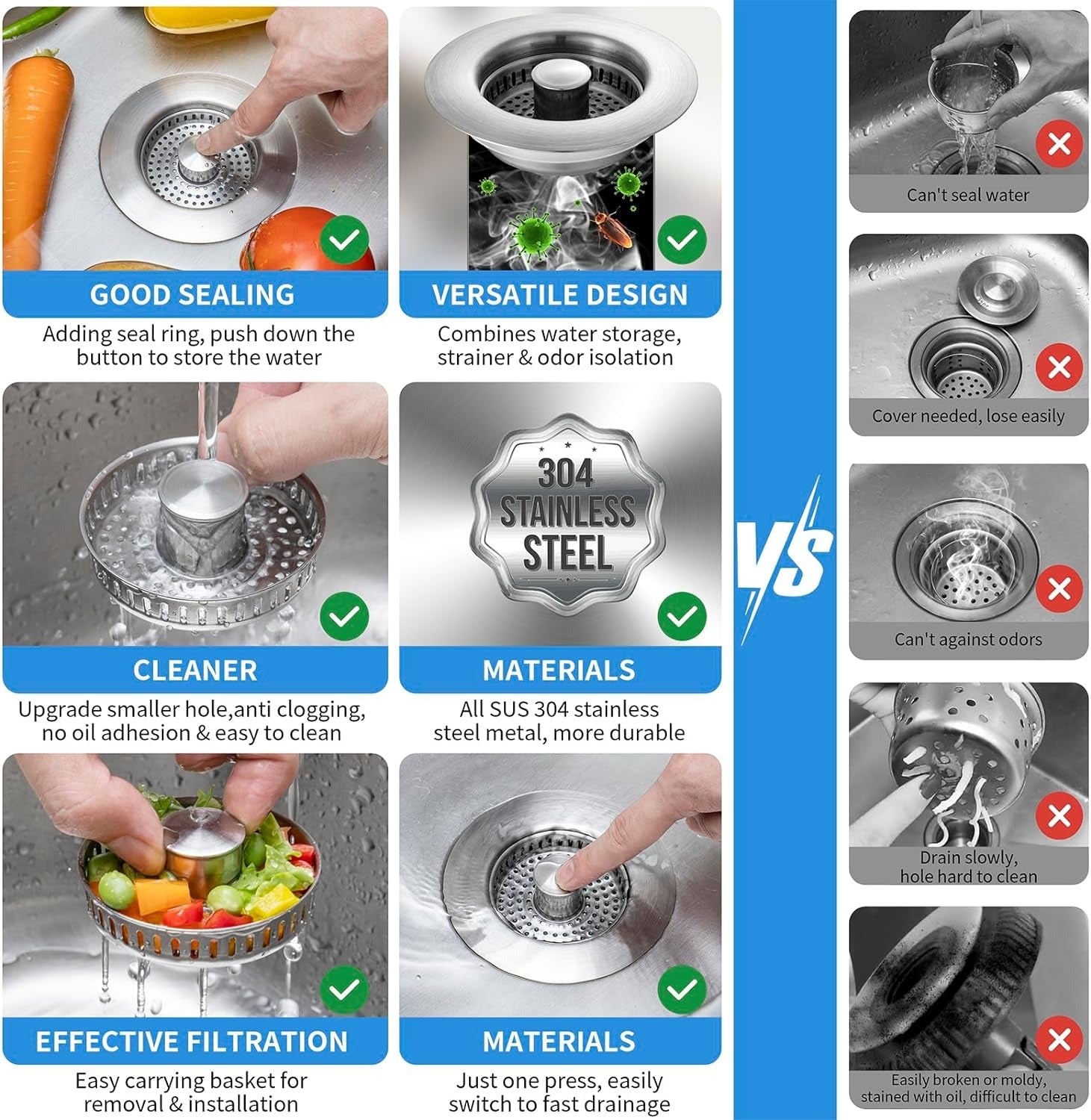 Pop-Up Sink Drain Strainer with Stainless Steel Basket and Brass Spring